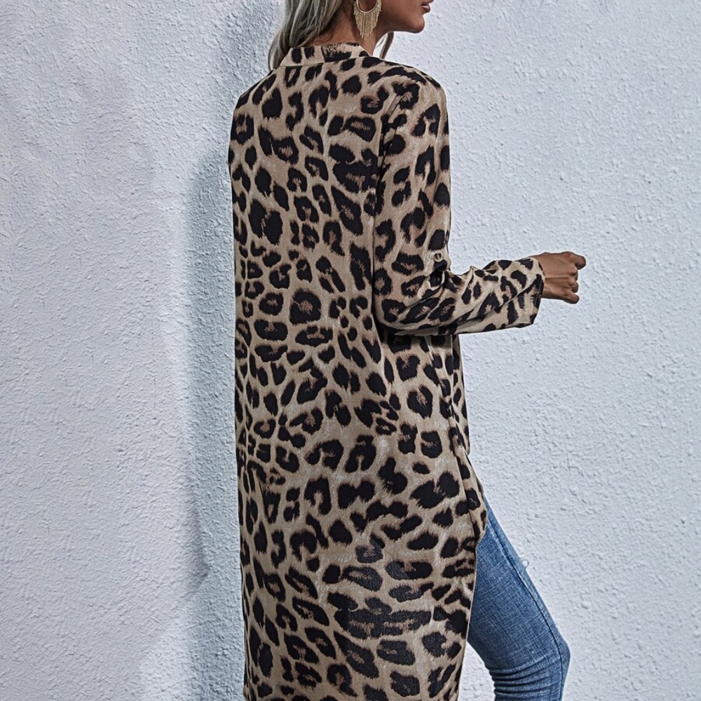 Khaki Black Leopard Animal Print High Low Tunic top - Picture 12 of 13